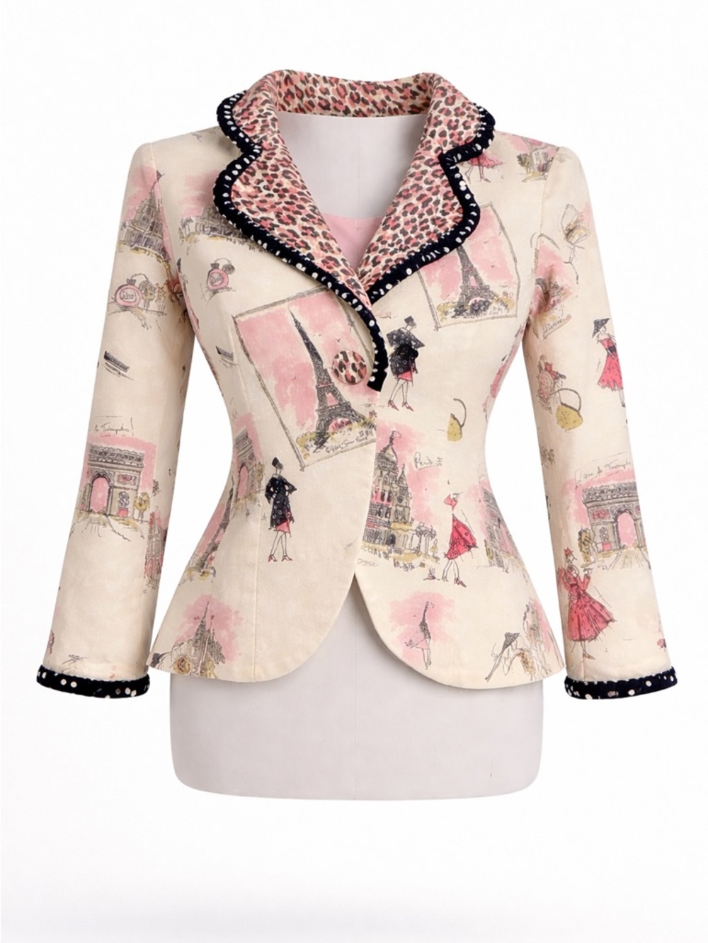 3 Sisters Cream and Pink Paris-Print Blazer with Leopard-Trim Collar